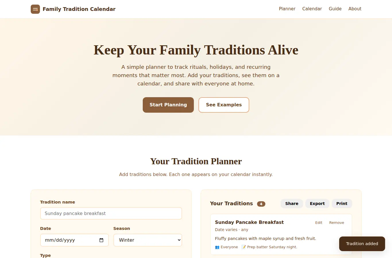 Screenshot of Family Tradition Calendar interface showing the project page in use
